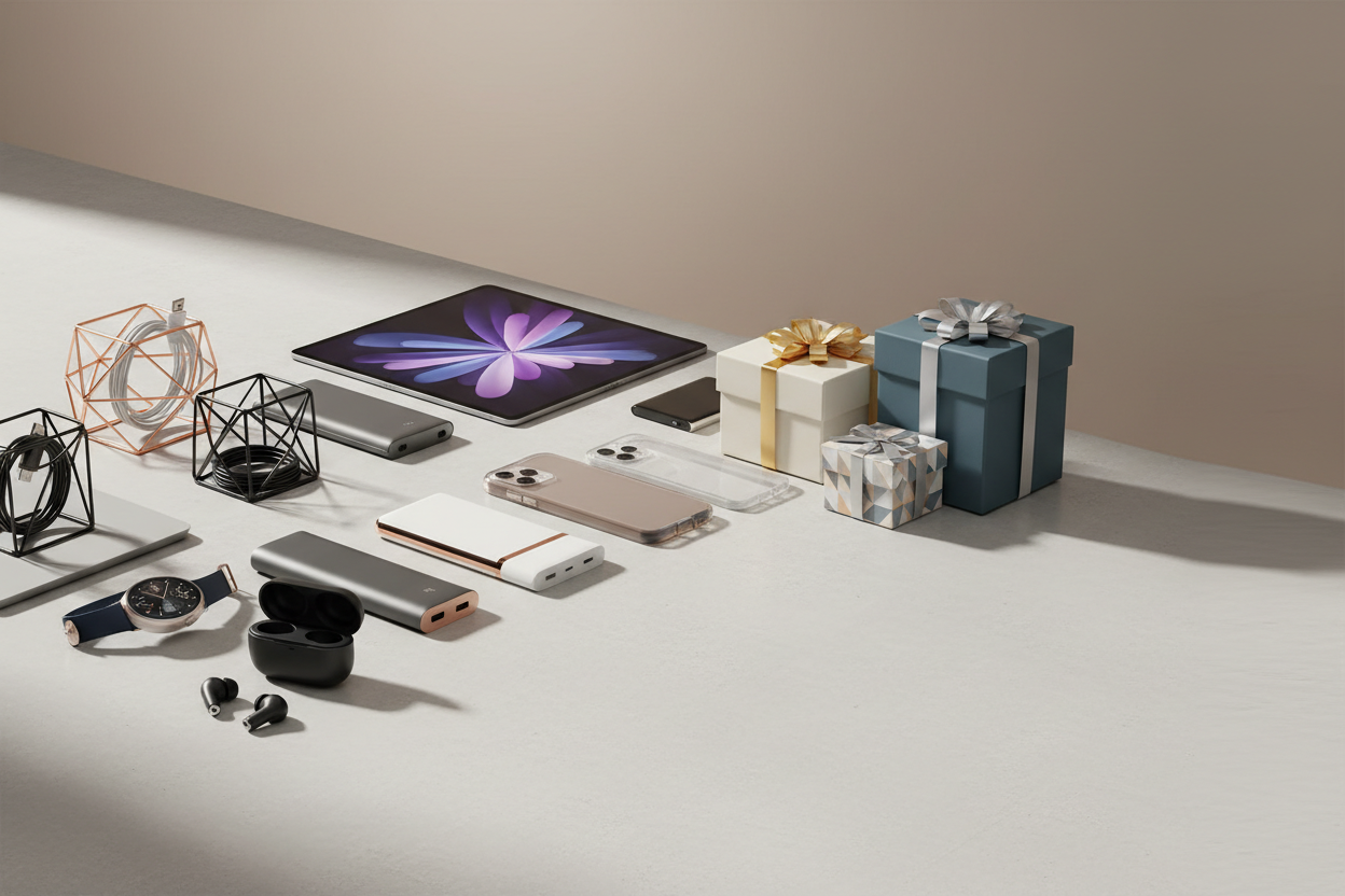 give a best slide suitable image with include the gadgets and the accessories products and the gits